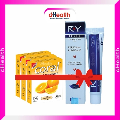 Picture of Coral Orange Flavor Condom 3 Pack & RY Jelly 30gm 1 Pc Combo