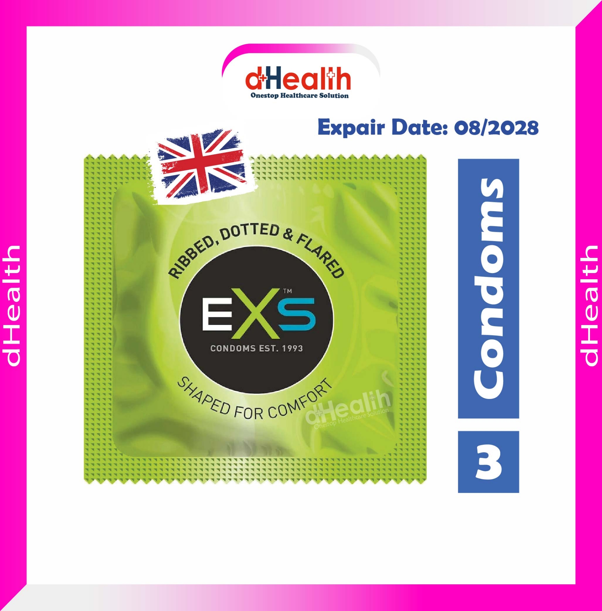 Picture of EXS Comfy Fit Ribbed & Dotted Condoms Single Pack (1x3)=3pcs (UK)