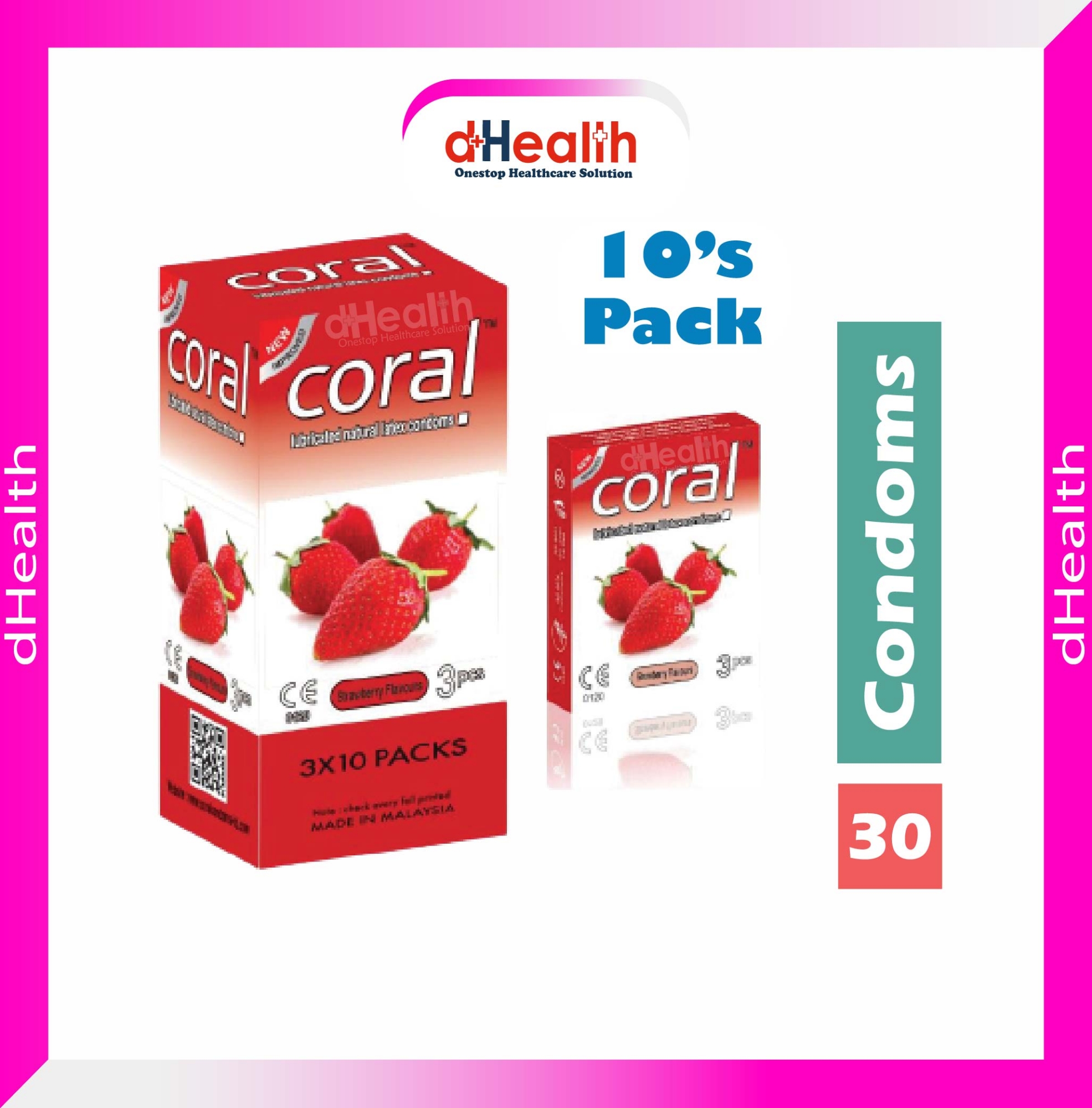 Picture of Coral Strawberry Flavor Condom Full Box / 10's Pack (30 Pcs)