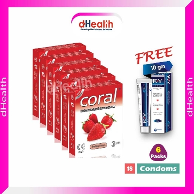 Picture of Coral Strawberry Flavor Condom 6's Pack (18 Pcs) 1 Ry Jelly 10g (Personal Lubricant) Free