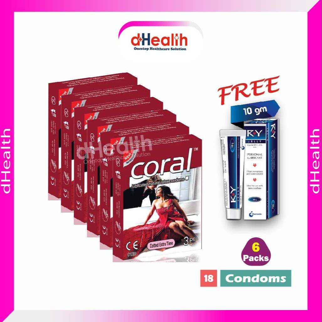 Picture of Coral Dotted Extra Time Condom 6's Pack (18 Pcs)1 Ry Jelly 10g (Personal Lubricant) Free