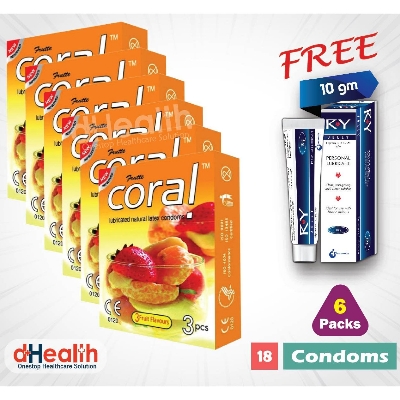 Picture of Coral 3 Fruits Flavor Condom Fruits 6's Pack (18 Pcs)1 Ry Jelly 10g (Personal Lubricant) Free