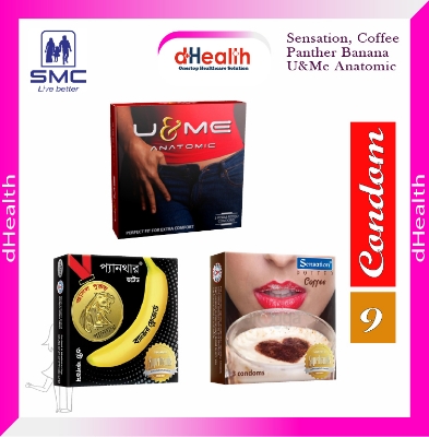 Picture of Sensation Dotted Coffee -1 + Panther Banana -1 +U & Me Anatomic -1 pcs  Condoms 3,s Combo Pack (3x3)=9pcs