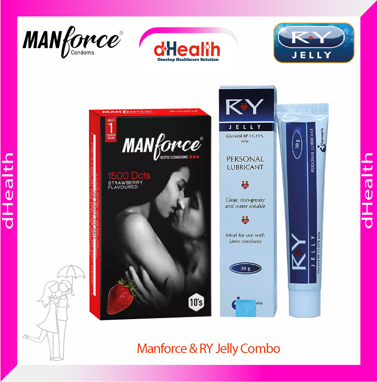 Picture of Manforce Strawberry Condom 1500 Dots 10Pcs Pack (India) & RY Jelly 30gm Combo Pack
