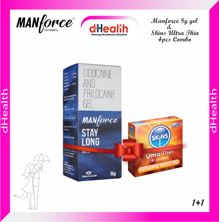 Picture of Manforce Stay Long Gel 8gm (Made In India) & SKINS Ultra Thin Premium Condom (Made In UK) Single Pack Combo