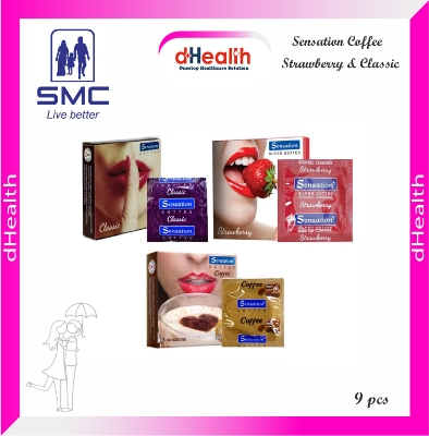 Picture of Sensation Coffee, Classic, Strawberry Condoms 3's (3x3)= 9pcs Combo Pack