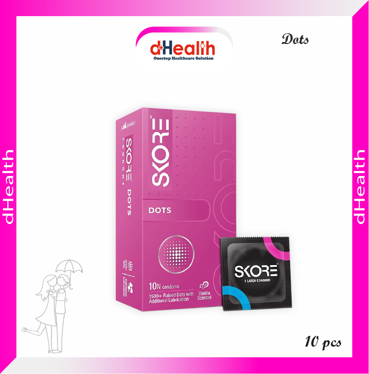 Picture of Skore Dots Vanilla Scented Flavoured & 1500 + Raised Dots with Additional Lubrication Condoms Single Pack 1x10= 10pcs