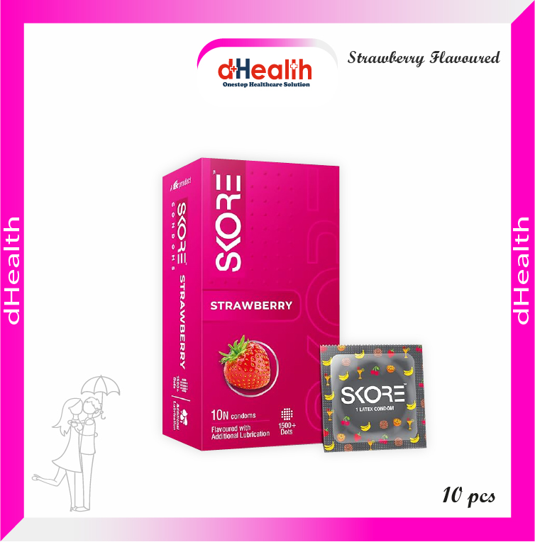 Picture of Skore Strawberry Flavoured  & 1500 Dots Plus with Additional Lubrication Condoms Single Pack 1x10= 10pcs