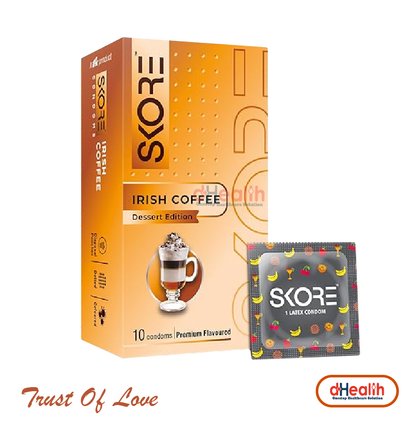 Picture of Skore Irish Coffee Dessert Edition Premium Flavoured & 1500 Dots Plus with Additional Lubrication  Condoms Single Pack 1x10= 10pcs