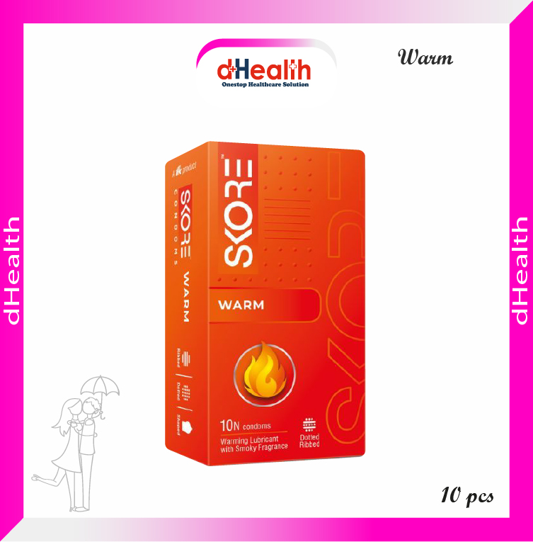 Picture of Skore Warm Colored,Ribbed & Shaped with Warming Lubricant and Smoky Fragrance & 1500 Dots Plus with Additional Lubrication Condoms Single Pack 1x10= 10pcs
