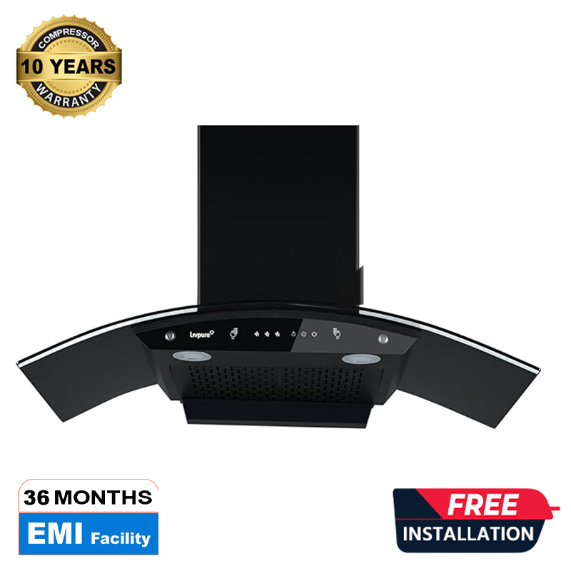 Picture of Livpure Swirl 90 1400 m3/hr Curved Glass | Filterless Autoclean Kitchen Hood |10 Year Warranty On Motor|Touch & Gesture Control, Black