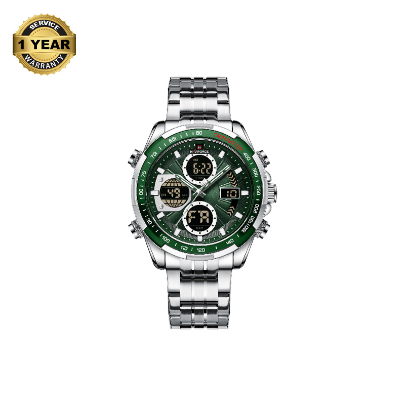 Picture of NAVIFORCE NF9197 Silver Stainless Steel Dual Time Watch For Men - Green & Silver