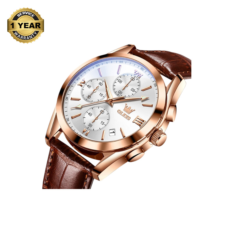 Picture of OLEVS 2872 Chocolate PU Leather Chronograph Watch For Men - White & RoseGold