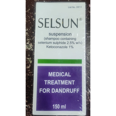 Picture of International UK Product Selsun Suspension shampoo containing selenium sulfide 2.5% w/v ketoconazole 1% -150ml