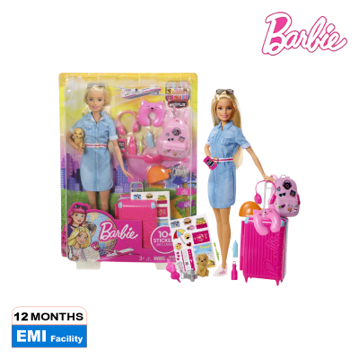 Picture of Barbie FWV25 Travel Doll, Blonde, with Puppy and Suitcase
