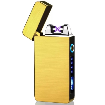 Picture of Gold Electric Windproof Dual Arc Lighter Usb Rechargeable Windproof Flameless Plasma Pulse Lighter Candle With Led Power Display