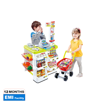 Picture of Kids Supermarket Playset with Toy Shopping Cart, Toy Cash Register, Checkout Counter, Working Scanner, Play Money, 23 Play Food for Baby Pretend Play