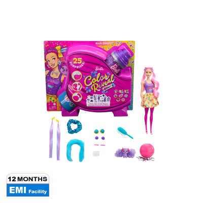 Picture of Barbie HBG39 - Colour Reveal Balloon Hair Change Doll Glitter Purple Playset with 25 Surprises for Hair Styling and Party Toys