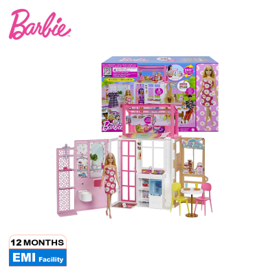 Picture of Barbie Dollhouse with Doll and pet 2 Levels and 4 Play Areas Fully Furnished for kids-HCD48