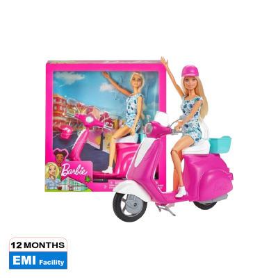 Picture of Barbie Doll With Blonde and Scooter with Kickstand and Teal Basket for Kids-GBK85