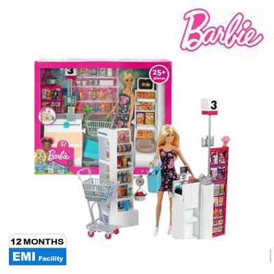Picture of Barbie Super Market Playset Blonde and Grocery Store with Rolling Cart and Work Belt- FRP01