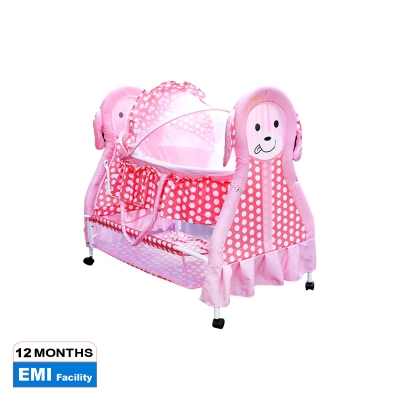 Picture of New Born Baby Swing Cradle Bed with Mosquito Net Canopy 2 in 1 Infant Crib can be Convert to Carrying Basket and Wheel Bassinet