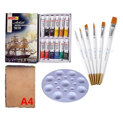 Picture of Artist Water Colour Combo Pack-A4 Handmad Pad,Round Colour Palette,Brush Set,Camel Artist Water Colour Set 12 Shades 5Ml - Water Color