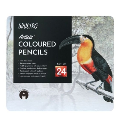 Picture of BRUSTRO Artists Colour Pencil | Set of 24 an Elegant tin Box Ideal for Students,Adults, Bright,Vibrant shades,Break & Fade resistant, DIY Art,Highly Pigmented, School, Portrait, Coloring