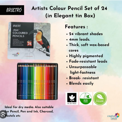 Picture of BRUSTRO Artists Colour Pencil | Set of 24 an Elegant tin Box Ideal for Students,Adults, Bright,Vibrant shades,Break & Fade resistant, DIY Art,Highly Pigmented, School, Portrait, Coloring
