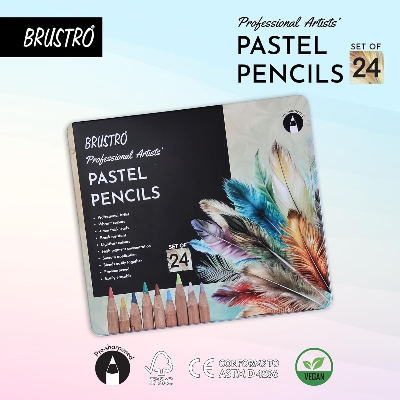 Picture of BRUSTRO Artists Pastel Colored Pencils - Set of 24 Shades - 4mm Lead | Break Resistant, Erasable, High Pigmented, Vibrant Colours | Ideal for Drawing, Mandala, Shading, Portrait, Fine Art Students