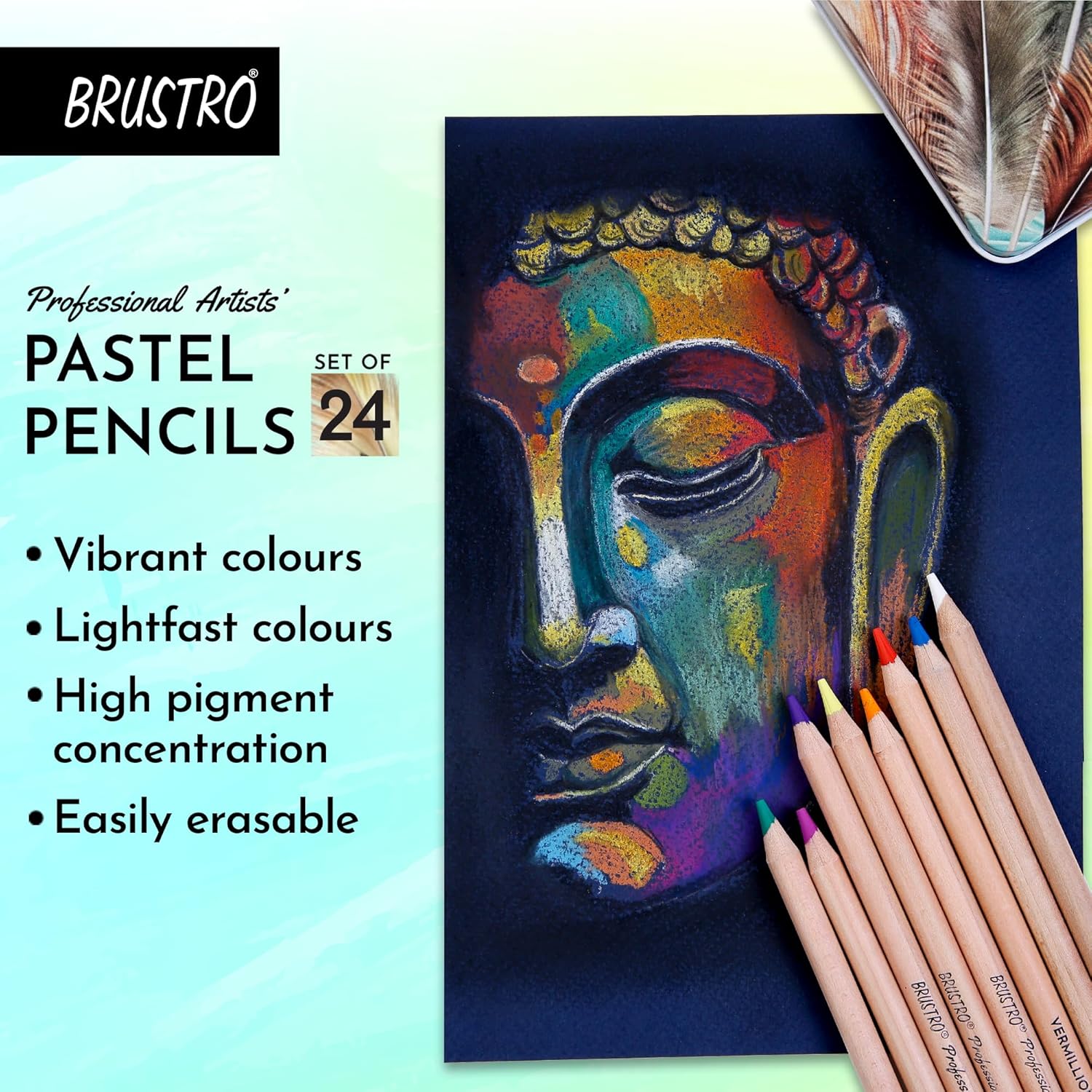 Picture of BRUSTRO Artists Pastel Colored Pencils - Set of 24 Shades - 4mm Lead | Break Resistant, Erasable, High Pigmented, Vibrant Colours | Ideal for Drawing, Mandala, Shading, Portrait, Fine Art Students