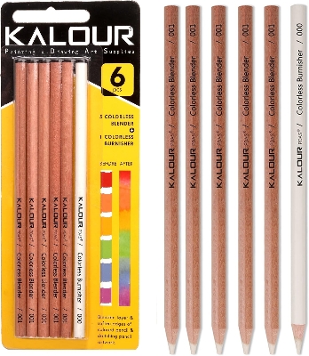 Picture of KALOUR Colorless Blender and Burnisher Pencils Set,Non-pigmented, Wax Based Pencil,perfect for Blending Softening Edges,ideal for Colored Pencils,Art Supplies for Artists Beginners(6 Pencils Total)