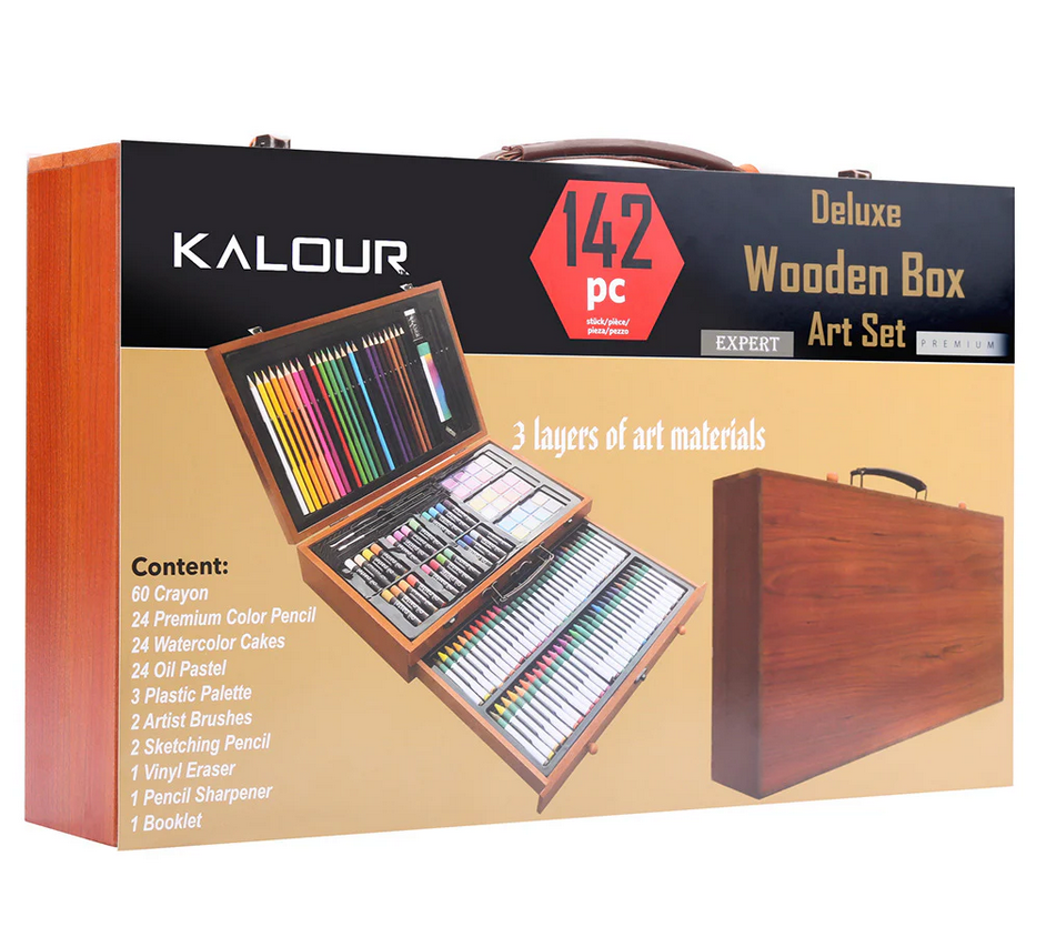 Picture of KALOUR  Drawing Stationery 142 Pieces Wooden Box Children's Painting Set Oil Pastel Crayons Pencil Set Art Supplies