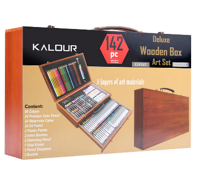 Picture of KALOUR  Drawing Stationery 142 Pieces Wooden Box Children's Painting Set Oil Pastel Crayons Pencil Set Art Supplies