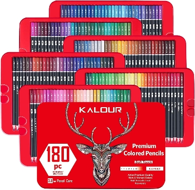 Picture of KALOUR 180 Premium Colored Pencil Set for Adult coloring - Artists Soft Core Drawing Pencils- Ideal for Sketching Shading Blending Crafting - Gift Tin Box