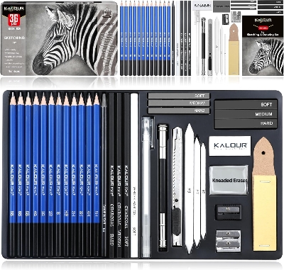 Picture of KALOUR PDAS Drawing Sketching Pencil Set, 36 Pro Art Pencil Kit, 12 Graphite Pencils (8B-5H), Black & White Charcoal Pencils, Charcoal Sticks, Stumps, Eraser, Sharpener, Tutorial, Art Supplies