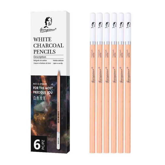 Picture of Giorgione High Quality 6pcs Soft Charcoal Pencils Set 4mm Lead Core WHITE Colored Lead for Artist Sketching and Drawing