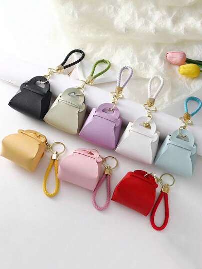 Picture of Adorable Leather Mini Bag Keyring Kawaii Handheld Change Purse Key Chain Cute Candy Color Little Coin Purse Keychain (Random color)