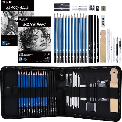 Picture of H & B 40 Piece Professional Sketch Pencil Drawing Kit,Complete Artist Kit, Including Graphite Pencils, Pastels, Sharpener and Eraser