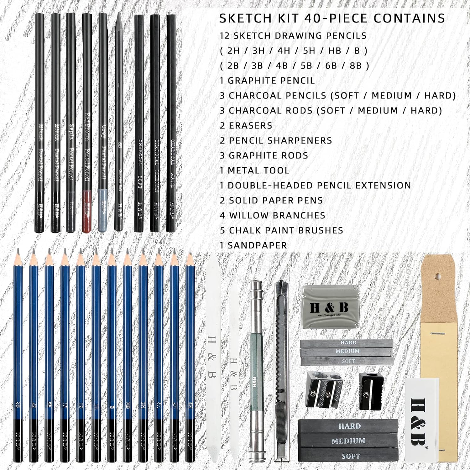 Picture of H & B 40 Piece Professional Sketch Pencil Drawing Kit,Complete Artist Kit, Including Graphite Pencils, Pastels, Sharpener and Eraser