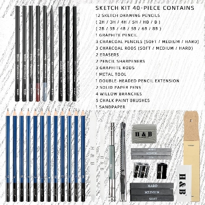 Picture of H & B 40 Piece Professional Sketch Pencil Drawing Kit,Complete Artist Kit, Including Graphite Pencils, Pastels, Sharpener and Eraser