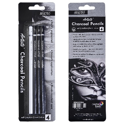 Picture of BRUSTRO Artists Charcoal Pencil - Set of 4 (3 Black Shade - Soft, Medium, Hard and 1 White - Medium) | Ideal for Drawing, Shading, Coloring, Sketching, Artwork, Portrait, Landscape, Smooth Blending