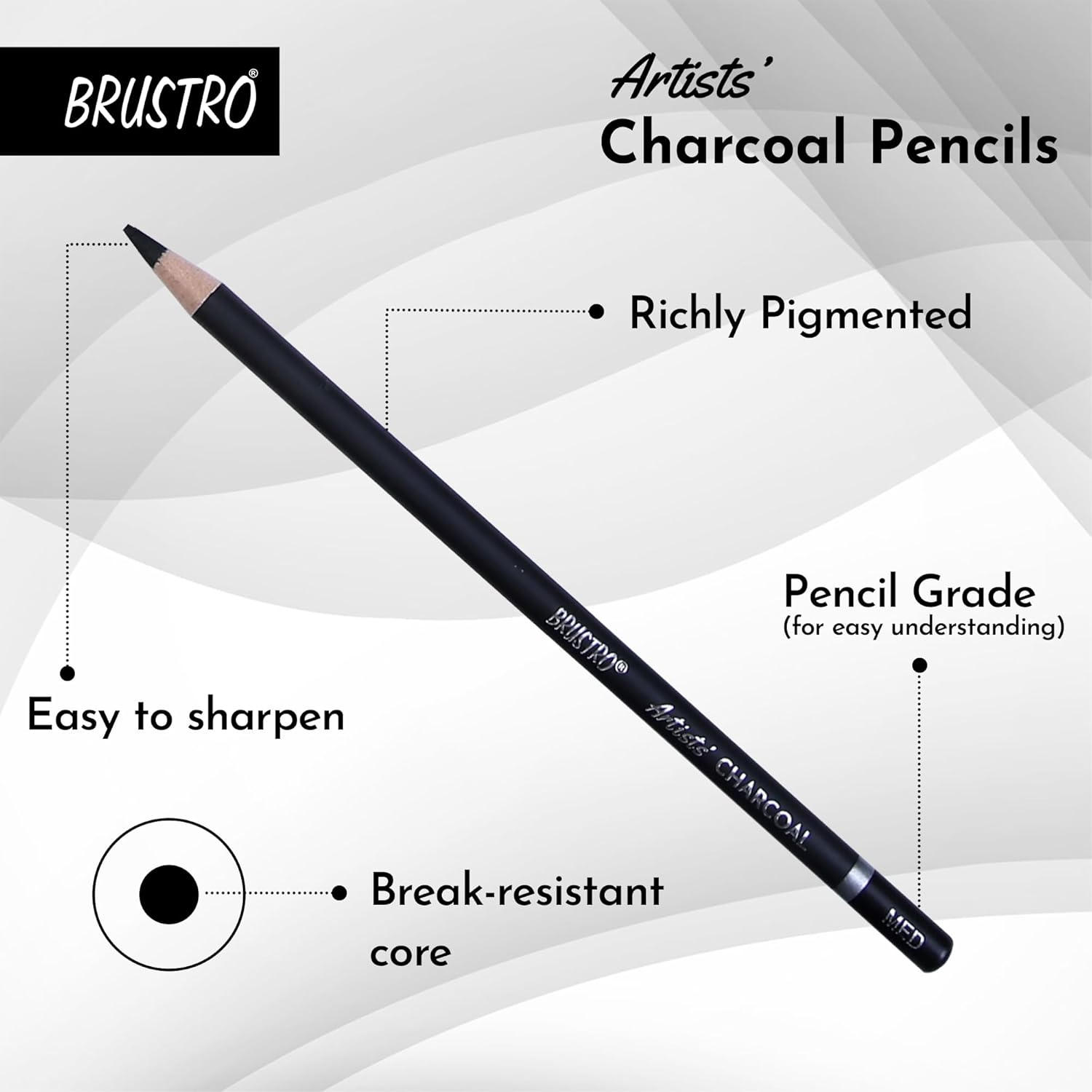 Picture of BRUSTRO Artists Charcoal Pencil - Set of 4 (3 Black Shade - Soft, Medium, Hard and 1 White - Medium) | Ideal for Drawing, Shading, Coloring, Sketching, Artwork, Portrait, Landscape, Smooth Blending