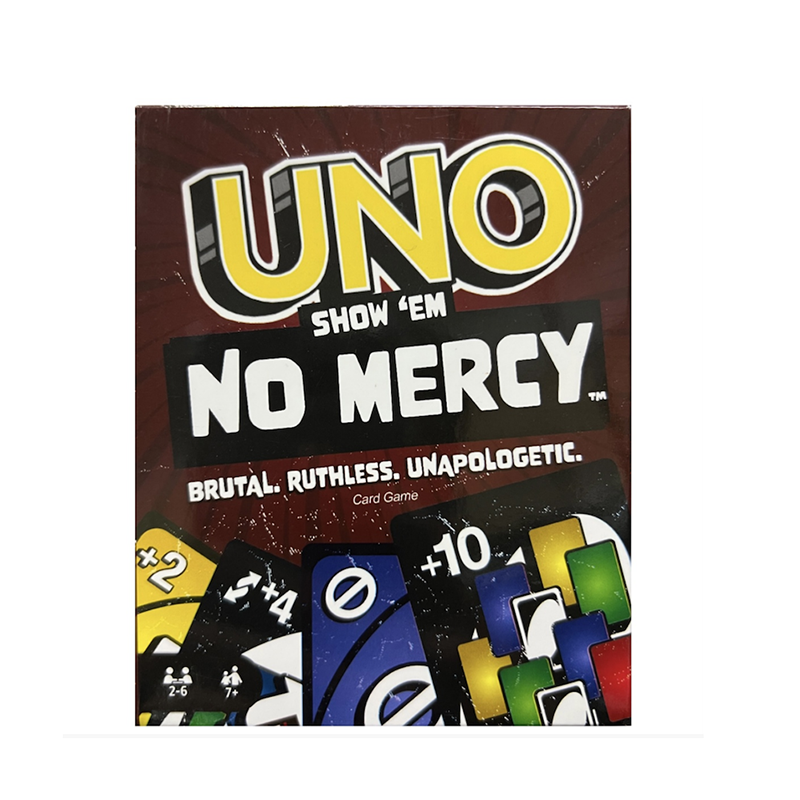 Picture of Mattel Games UNO Show ‘em No Mercy Card Game in Storage & Travel Tin for Kids, Adults & Family Night with Extra Cards, Special Rules & Tougher Penalties