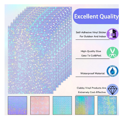 Picture of 20 Sheets Holographic Stickers Paper Clear A4 Vinyl Sticker Paper Self-Adhesive Waterproof Transparent Film 11.7 x 8.3 Inches