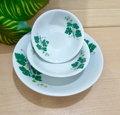 Picture of 27 Pieces white  leaf green  print  Design Dinner Set