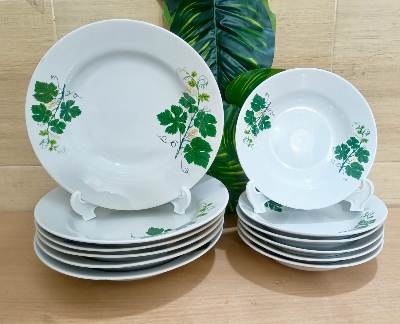 Picture of 27 Pieces white  leaf green  print  Design Dinner Set