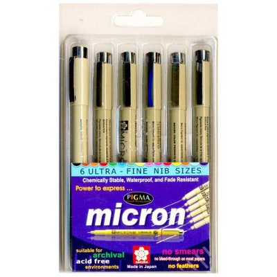 Picture of Sakura Pigma Micron Pens, 6 pcs  (0.2 mm, 0.25 mm, 0.3 mm, 0.35 mm, 0.45 mm and 0.5 mm)