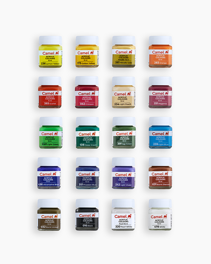 Picture of Camel Acrylic Colours  Assorted pack of 20 shades in 15 ml with Brush, Ultra, Pearl, and Metallic ranges