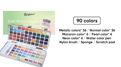 Picture of Giorgione G-ZG 90 colors metallic pearlescent solid watercolor paint with water ink brush set with metal box